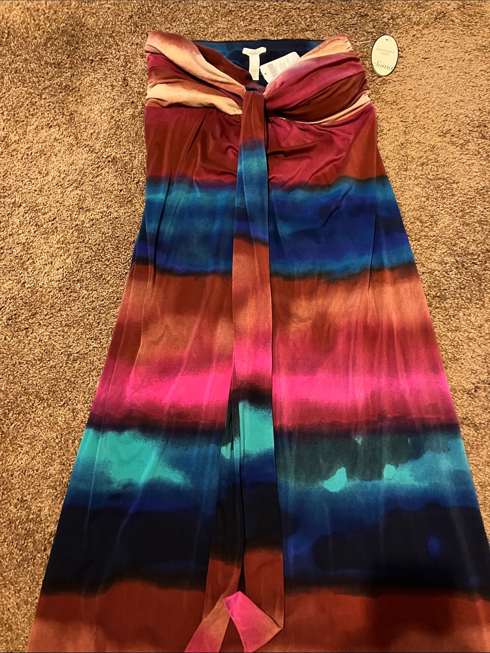 SOMA. Multicolor Strapless Dress in Teal, Rust, Pink & Navy. Size S. Sexy. NWT